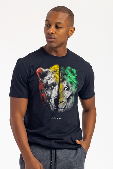 camiseta masculina preta manga curta com de urso e leão kingdom