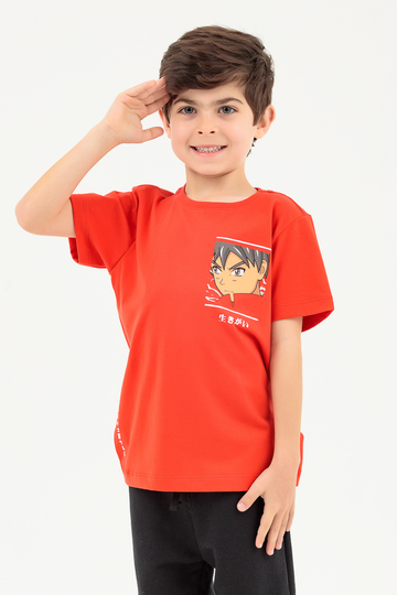Camiseta Infantil Manga Curta Cor Vermelha Goiaba Estampa Happines Mangá