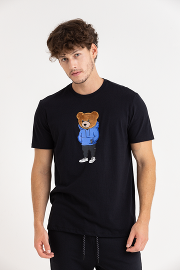 Camiseta Manga Curta Cor Preta Bordado Urso