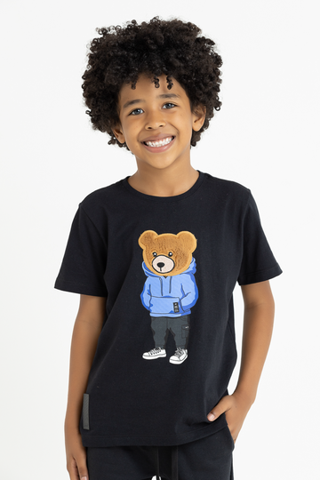 Camiseta Infantil Manga Curta Cor Preta Bordado Urso