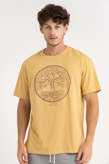 Camiseta Masculina Manga Curta Sustentável As Árvores Somos Nós Amarelo Terra