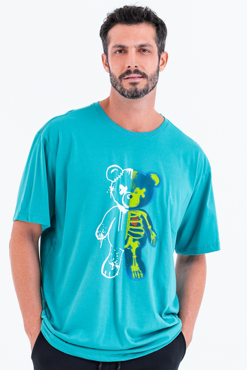 Camiseta Masculina Manga Curta Maxi Over Urso Raio X Verde Lago